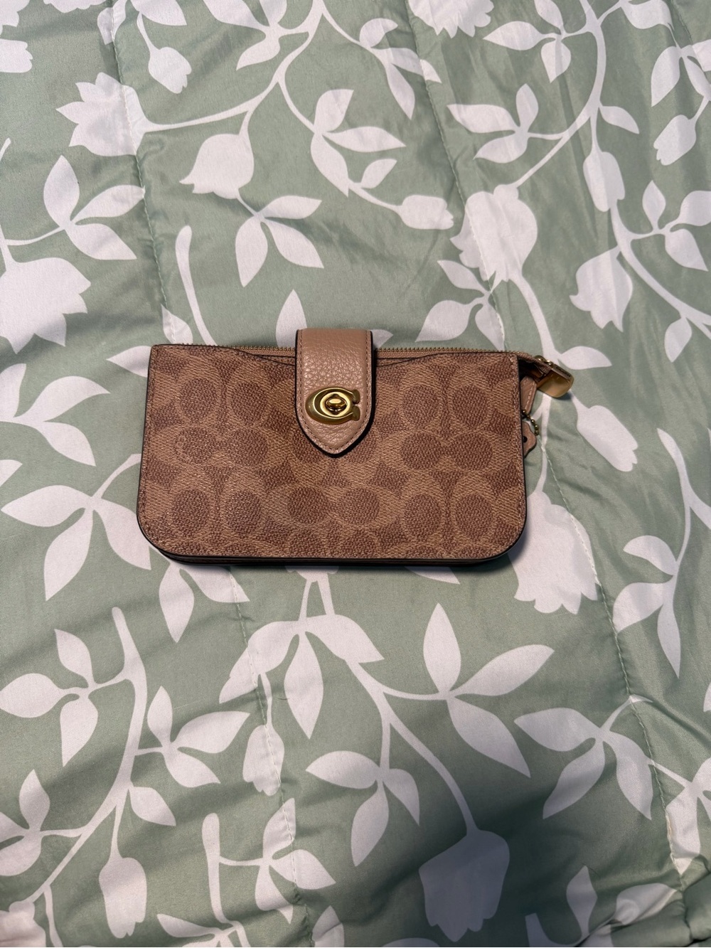 Coach Brown Signature Canvas Wristlet Clutch with Gold Tone Turn Lock